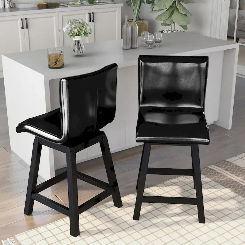 Counter Height Swivel Chairs Set of 2 - 180° Rotation - Black Faux Leather - Foam Cushion - Solid Wood Frame - 24.75"H Seat - Footrest - 250 lbs - Contemporary