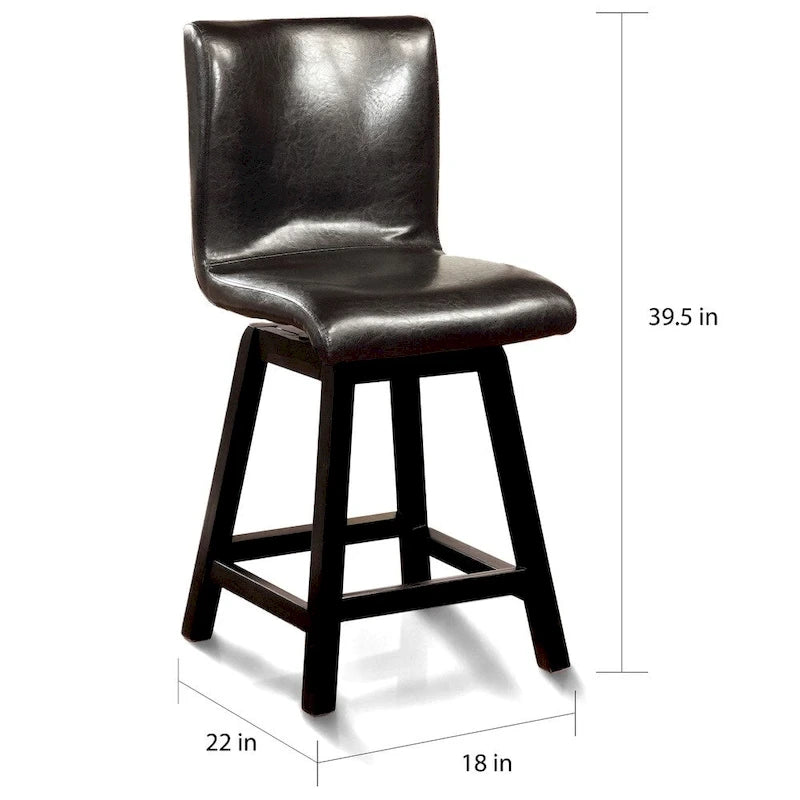 Counter Height Swivel Chairs Set of 2 - 180° Rotation - Black Faux Leather - Foam Cushion - Solid Wood Frame - 24.75"H Seat - Footrest - 250 lbs - Contemporary