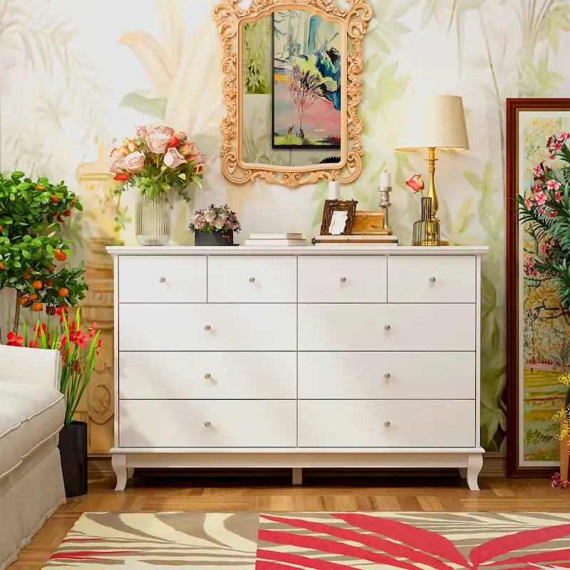 10-Drawer Dresser 55.1"W, White Lacquer Finish, 150 lbs Top Capacity, CARB Certified MDF