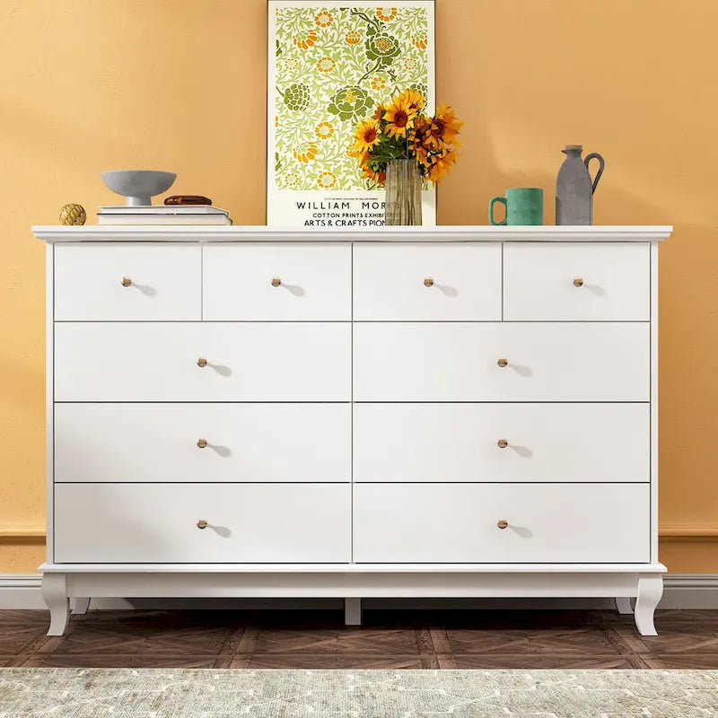 10-Drawer Dresser 55.1"W, White Lacquer Finish, 150 lbs Top Capacity, CARB Certified MDF