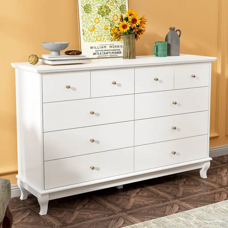 10-Drawer Dresser 55.1"W, White Lacquer Finish, 150 lbs Top Capacity, CARB Certified MDF