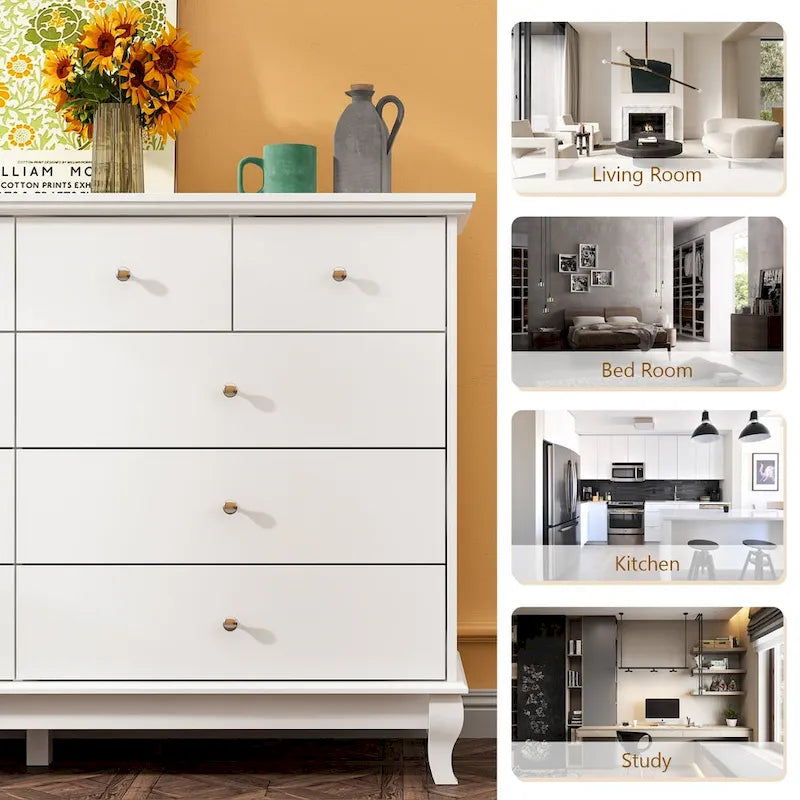 10-Drawer Dresser 55.1"W, White Lacquer Finish, 150 lbs Top Capacity, CARB Certified MDF