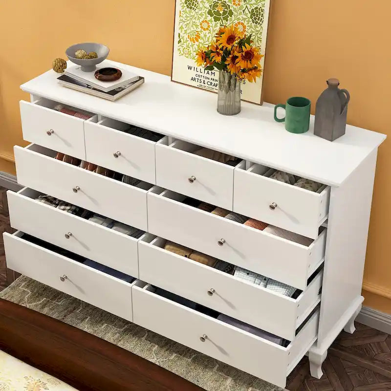10-Drawer Dresser 55.1"W, White Lacquer Finish, 150 lbs Top Capacity, CARB Certified MDF