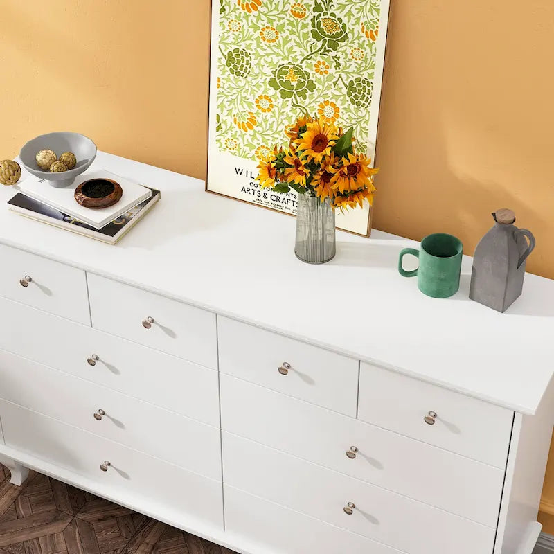 10-Drawer Dresser 55.1"W, White Lacquer Finish, 150 lbs Top Capacity, CARB Certified MDF