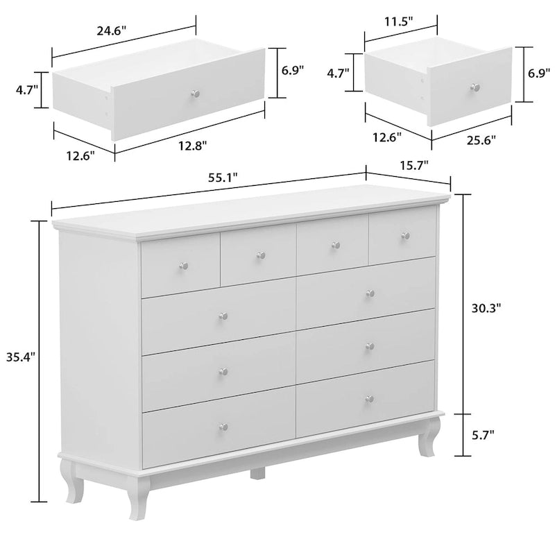 10-Drawer Dresser 55.1"W, White Lacquer Finish, 150 lbs Top Capacity, CARB Certified MDF