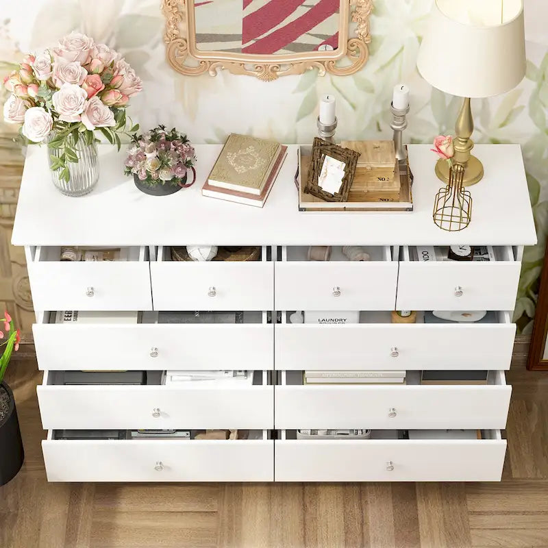 10-Drawer Dresser 55.1"W, White Lacquer Finish, 150 lbs Top Capacity, CARB Certified MDF