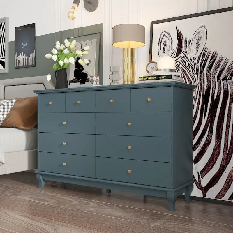 10-Drawer Dresser 55.1"W, White Lacquer Finish, 150 lbs Top Capacity, CARB Certified MDF