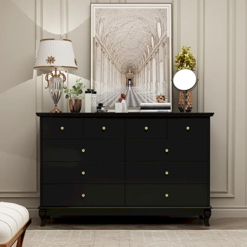 10-Drawer Dresser 55.1"W, White Lacquer Finish, 150 lbs Top Capacity, CARB Certified MDF