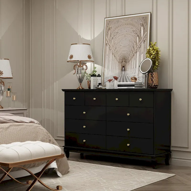 10-Drawer Dresser 55.1"W, White Lacquer Finish, 150 lbs Top Capacity, CARB Certified MDF