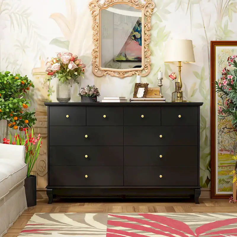 10-Drawer Dresser 55.1"W, White Lacquer Finish, 150 lbs Top Capacity, CARB Certified MDF