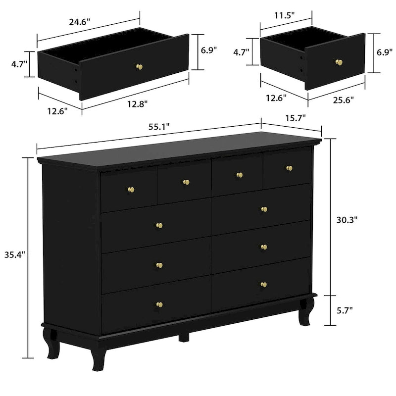 10-Drawer Dresser 55.1"W, White Lacquer Finish, 150 lbs Top Capacity, CARB Certified MDF