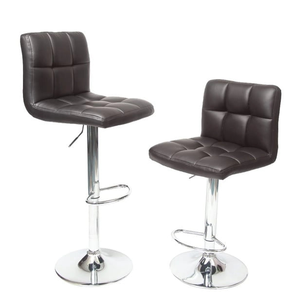 Adjustable Bar Stools Set of 2 - Chrome Frame - Tufted Faux Leather - 360° Swivel - Hydraulic Height 24-30"H - Footrest - 7 Colors - Modern Style - 17"W x 17"D