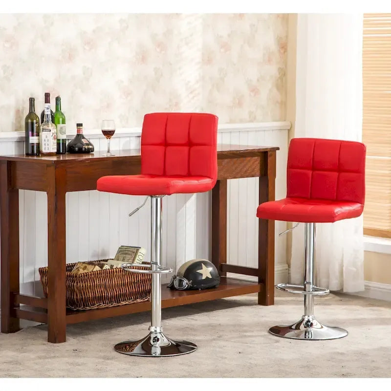 Adjustable Bar Stools Set of 2 - Chrome Frame - Tufted Faux Leather - 360° Swivel - Hydraulic Height 24-30"H - Footrest - 7 Colors - Modern Style - 17"W x 17"D