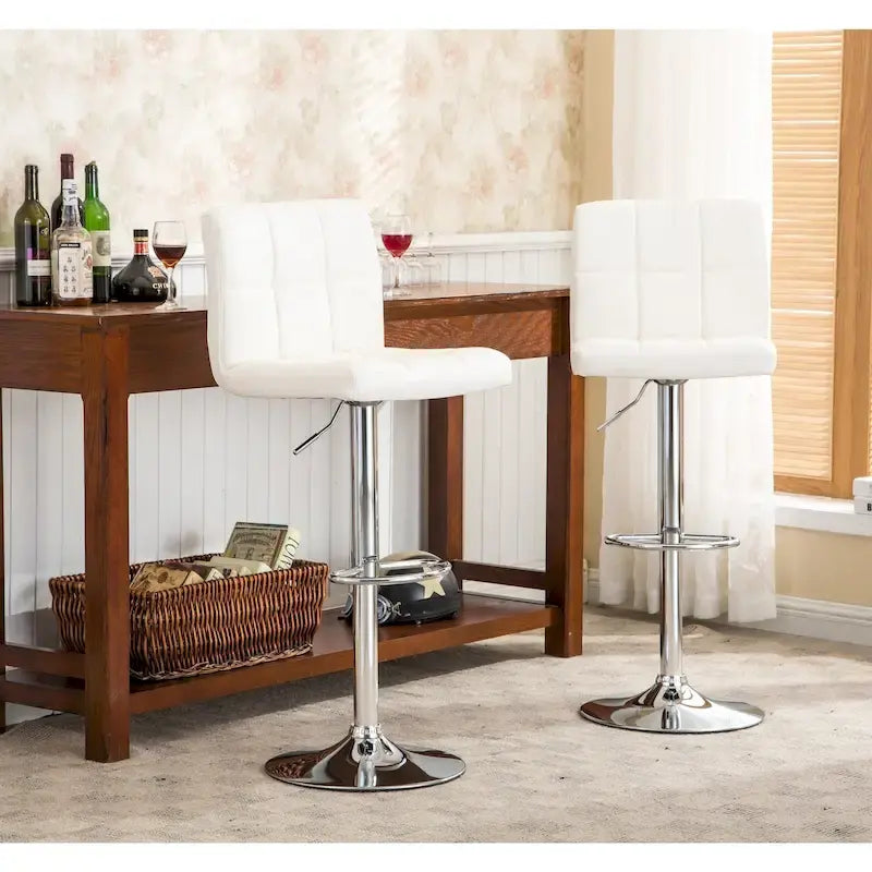 Adjustable Bar Stools Set of 2 - Chrome Frame - Tufted Faux Leather - 360° Swivel - Hydraulic Height 24-30"H - Footrest - 7 Colors - Modern Style - 17"W x 17"D