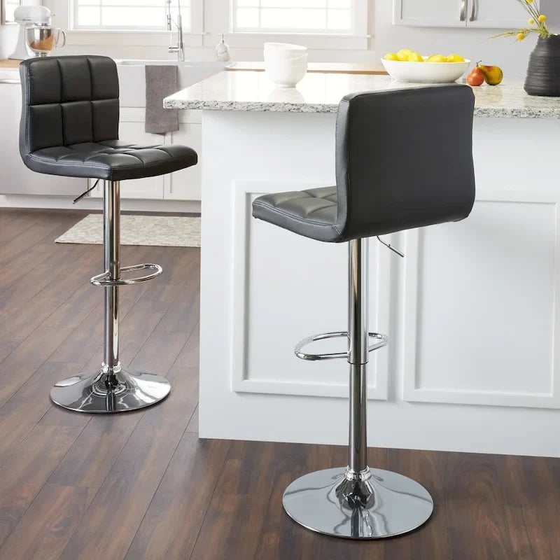 Adjustable Bar Stools Set of 2 - Chrome Frame - Tufted Faux Leather - 360° Swivel - Hydraulic Height 24-30"H - Footrest - 7 Colors - Modern Style - 17"W x 17"D