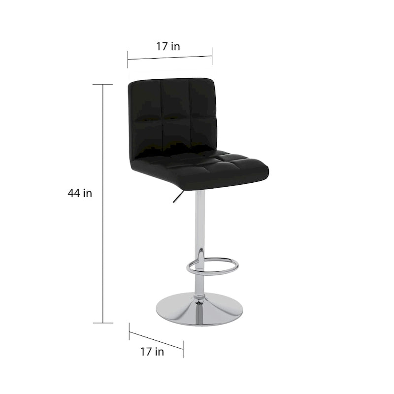 Adjustable Bar Stools Set of 2 - Chrome Frame - Tufted Faux Leather - 360° Swivel - Hydraulic Height 24-30"H - Footrest - 7 Colors - Modern Style - 17"W x 17"D