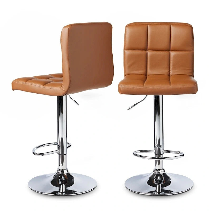 Adjustable Bar Stools Set of 2 - Chrome Frame - Tufted Faux Leather - 360° Swivel - Hydraulic Height 24-30"H - Footrest - 7 Colors - Modern Style - 17"W x 17"D