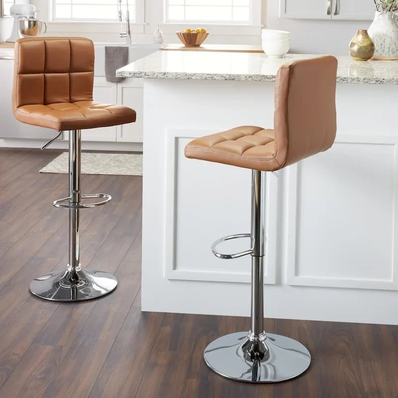 Adjustable Bar Stools Set of 2 - Chrome Frame - Tufted Faux Leather - 360° Swivel - Hydraulic Height 24-30"H - Footrest - 7 Colors - Modern Style - 17"W x 17"D