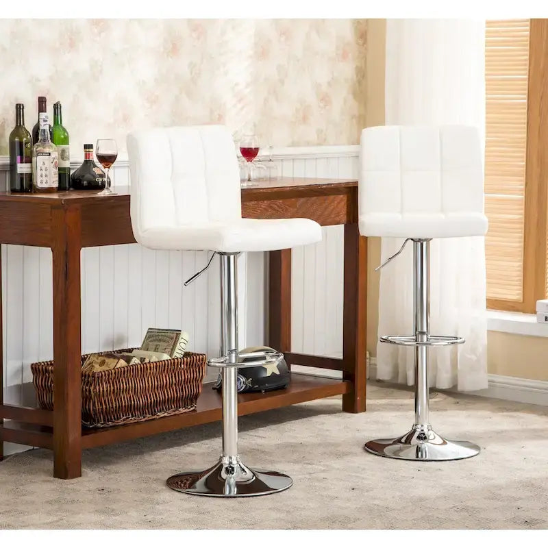 Adjustable Bar Stools Set of 2 - Chrome Frame - Tufted Faux Leather - 360° Swivel - Hydraulic Height 24-30"H - Footrest - 7 Colors - Modern Style - 17"W x 17"D