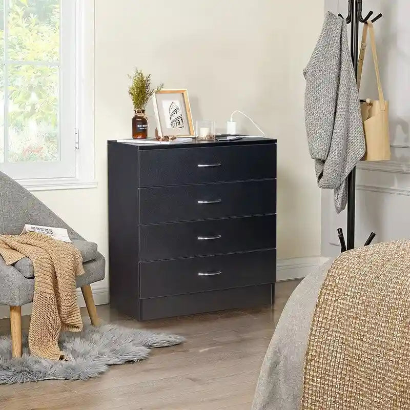 4-Drawer Nightstand with Charging Station, 2 USB Ports & 2 Outlets, 25.98"W, Minimalist Dresser