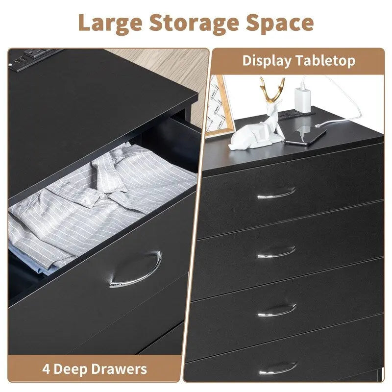 4-Drawer Nightstand with Charging Station, 2 USB Ports & 2 Outlets, 25.98"W, Minimalist Dresser