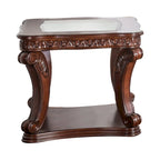 26" Traditional Glass End Table - Dark Oak Wood with Tempered Glass Top, Cabriole Legs, Carved Trim, Lower Shelf, 50 lbs Capacity