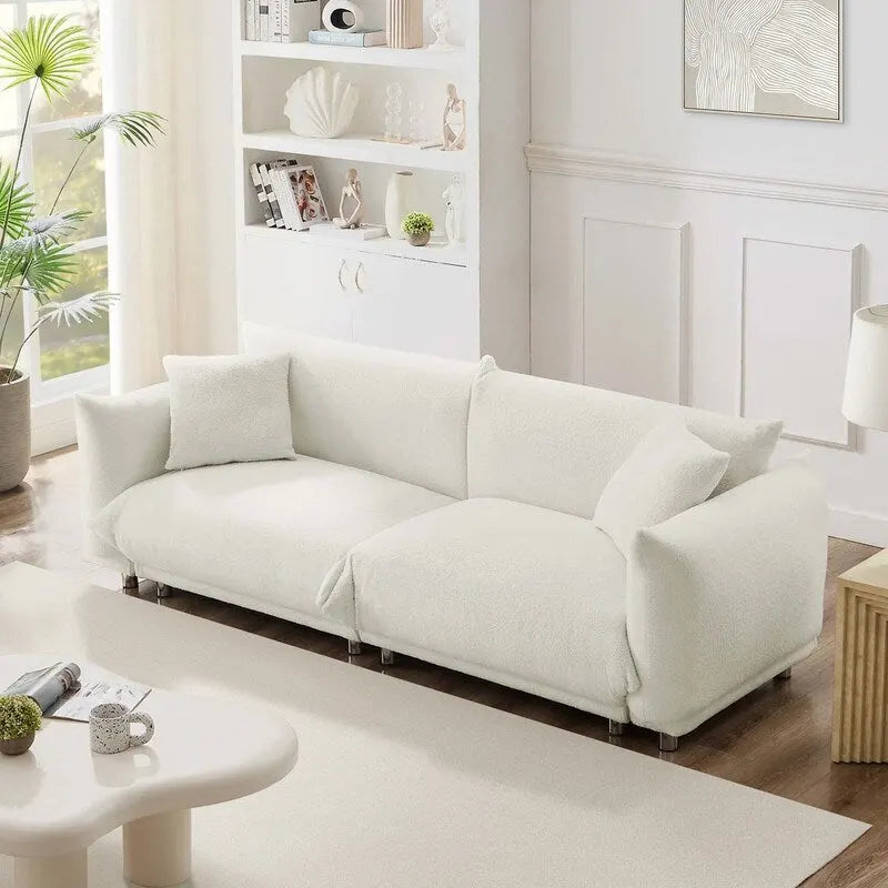 86.5" Teddy Velvet Sofa with Pillows, 700 LBS Capacity, Tufted Design, Metal Legs, High-Density Foam, White, Modern Style