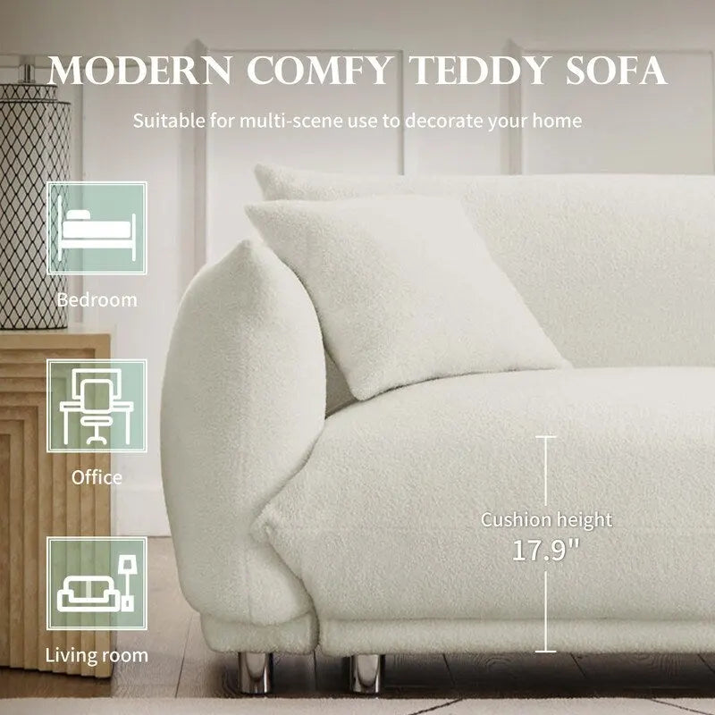 86.5" Teddy Velvet Sofa with Pillows, 700 LBS Capacity, Tufted Design, Metal Legs, High-Density Foam, White, Modern Style