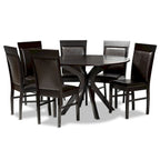 7-Piece Dining Set with Round Table & 6 Chairs, Faux Leather Upholstered, Modern Minimalist, Dark Brown