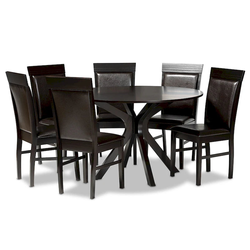 7-Piece Dining Set with Round Table & 6 Chairs, Faux Leather Upholstered, Modern Minimalist, Dark Brown