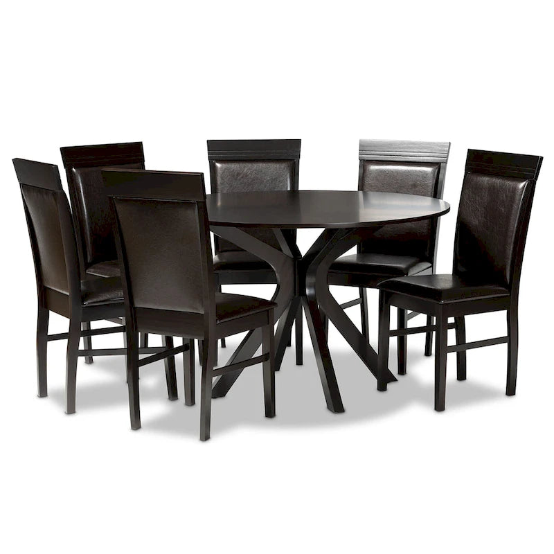 7-Piece Dining Set with Round Table & 6 Chairs, Faux Leather Upholstered, Modern Minimalist, Dark Brown