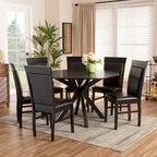 7-Piece Dining Set with Round Table & 6 Chairs, Faux Leather Upholstered, Modern Minimalist, Dark Brown