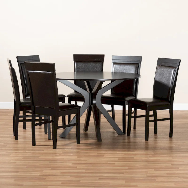 7-Piece Dining Set with Round Table & 6 Chairs, Faux Leather Upholstered, Modern Minimalist, Dark Brown