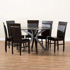 7-Piece Dining Set with Round Table & 6 Chairs, Faux Leather Upholstered, Modern Minimalist, Dark Brown