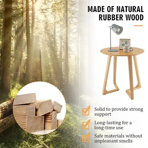 24" Round Side Table, Solid Rubber Wood End Table, 110 LBS Capacity, V-Shaped Legs, Farmhouse Style, Natural Finish
