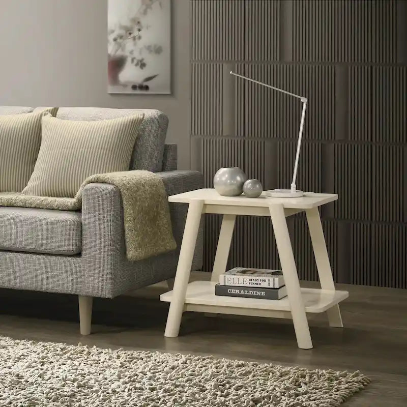 Mid-Century Modern Wood End Table - Sculptural Design with Storage Shelf, Okume Veneer Top, Rubberwood Legs, 26.77" W x 21.65" H