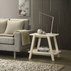 Mid-Century Modern Wood End Table - Sculptural Design with Storage Shelf, Okume Veneer Top, Rubberwood Legs, 26.77" W x 21.65" H