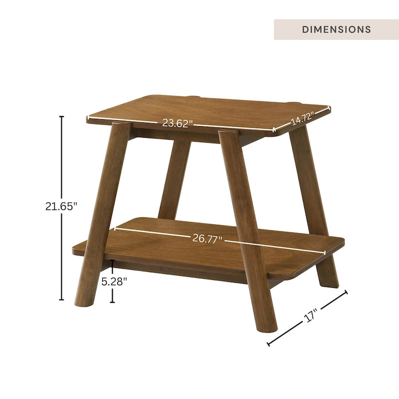 Mid-Century Modern Wood End Table - Sculptural Design with Storage Shelf, Okume Veneer Top, Rubberwood Legs, 26.77" W x 21.65" H