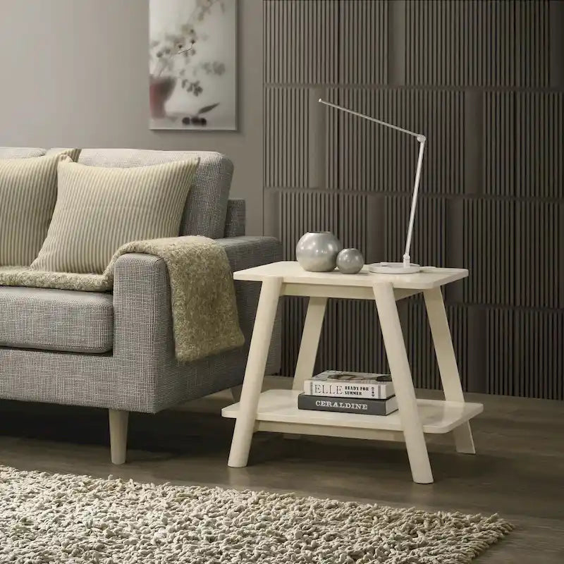 Mid-Century Modern Wood End Table - Sculptural Design with Storage Shelf, Okume Veneer Top, Rubberwood Legs, 26.77" W x 21.65" H