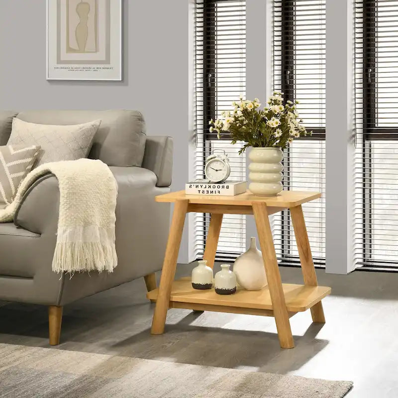 Mid-Century Modern Wood End Table - Sculptural Design with Storage Shelf, Okume Veneer Top, Rubberwood Legs, 26.77" W x 21.65" H