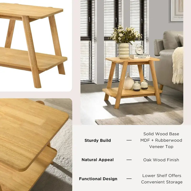 Mid-Century Modern Wood End Table - Sculptural Design with Storage Shelf, Okume Veneer Top, Rubberwood Legs, 26.77" W x 21.65" H