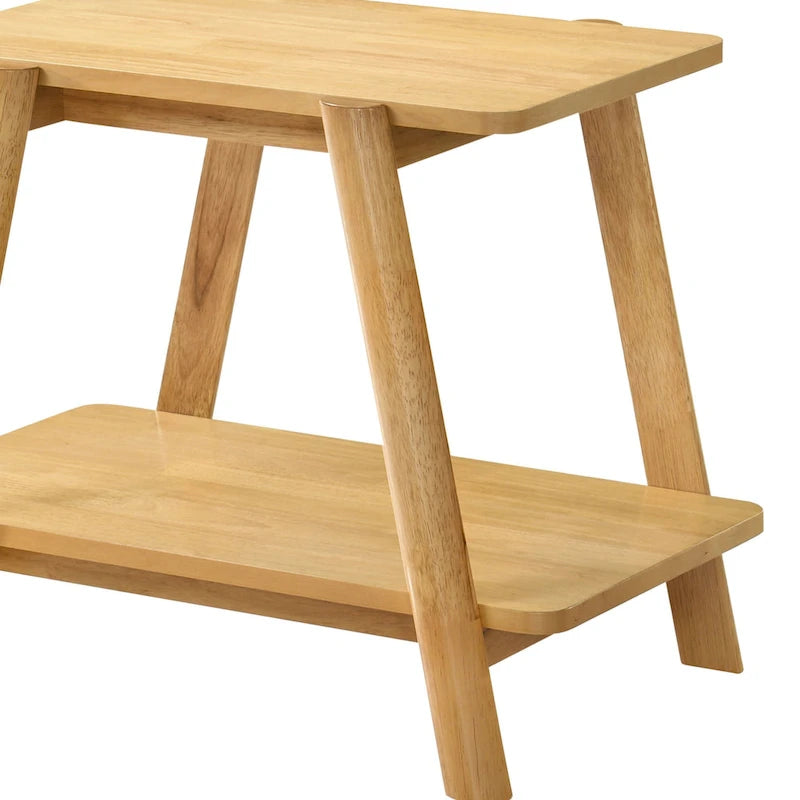 Mid-Century Modern Wood End Table - Sculptural Design with Storage Shelf, Okume Veneer Top, Rubberwood Legs, 26.77" W x 21.65" H