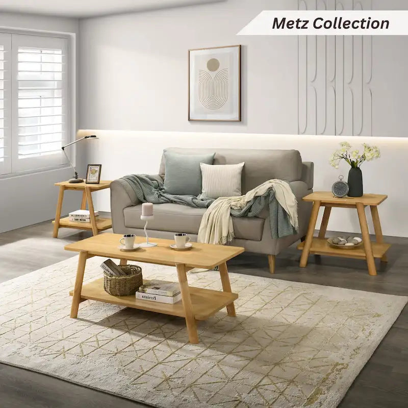 Mid-Century Modern Wood End Table - Sculptural Design with Storage Shelf, Okume Veneer Top, Rubberwood Legs, 26.77" W x 21.65" H