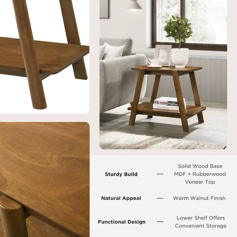 Mid-Century Modern Wood End Table - Sculptural Design with Storage Shelf, Okume Veneer Top, Rubberwood Legs, 26.77" W x 21.65" H