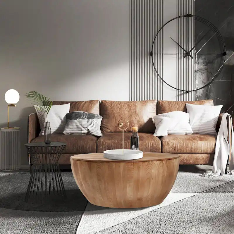 35" Vintage Barrel Coffee Table - Bucket Shape with Storage, Fir Wood & MDF, 220 lbs Capacity, No Assembly, Natural Retro Style