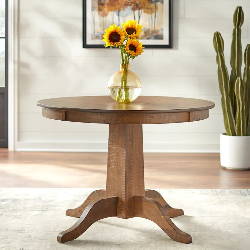 42" Round Dining Table with Pedestal Base, Solid Rubberwood, Distressed Walnut Finish, Farmhouse Style