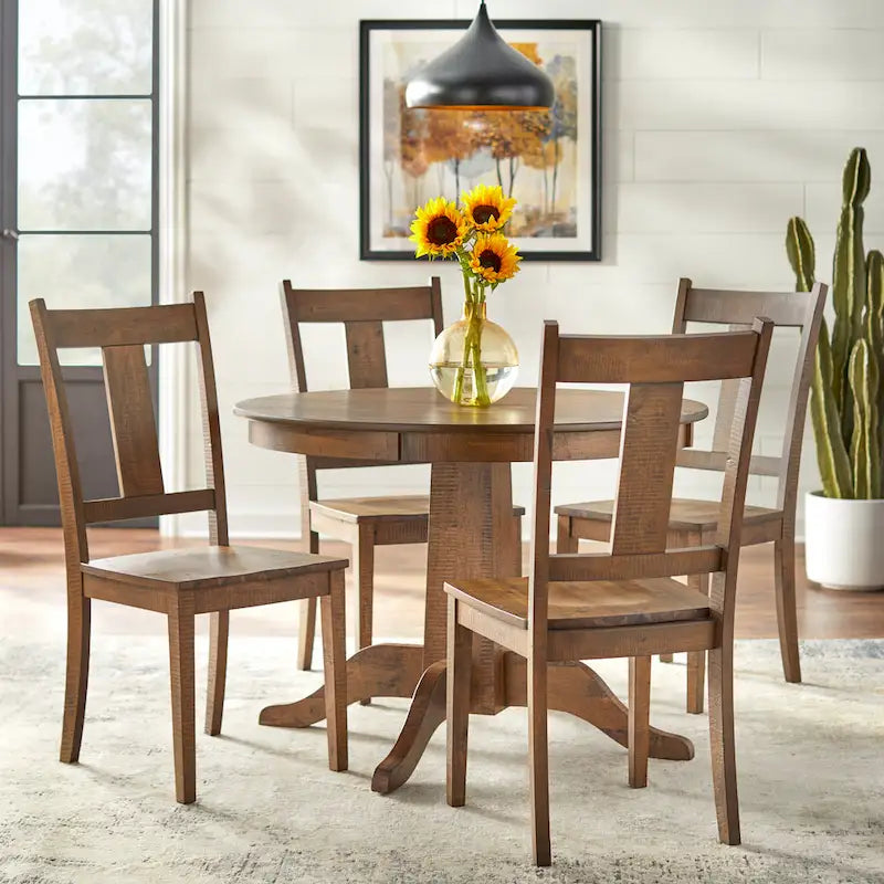 42" Round Dining Table with Pedestal Base, Solid Rubberwood, Distressed Walnut Finish, Farmhouse Style
