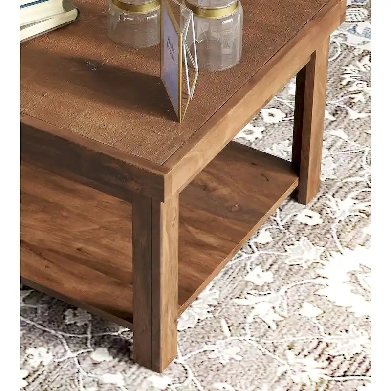 24" Side Table - Knotty Alder Wood, Whiskey Finish, Lower Shelf, Distressed Rustic Urban Style, No Assembly, 24" W x 24" D x 24" H