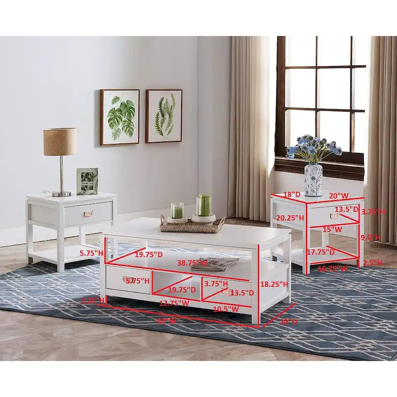 3-Piece White Wood Coffee Table Set with Storage, 1 Coffee Table + 2 End Tables, Drawers & Shelves, Contemporary Style