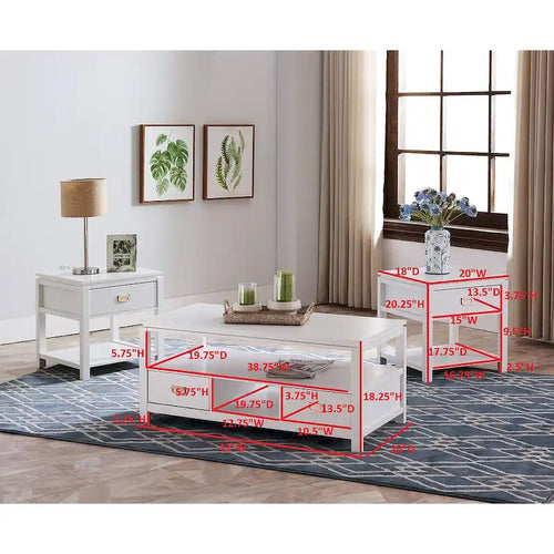 3-Piece White Wood Coffee Table Set with Storage, 1 Coffee Table + 2 End Tables, Drawers & Shelves, Contemporary Style